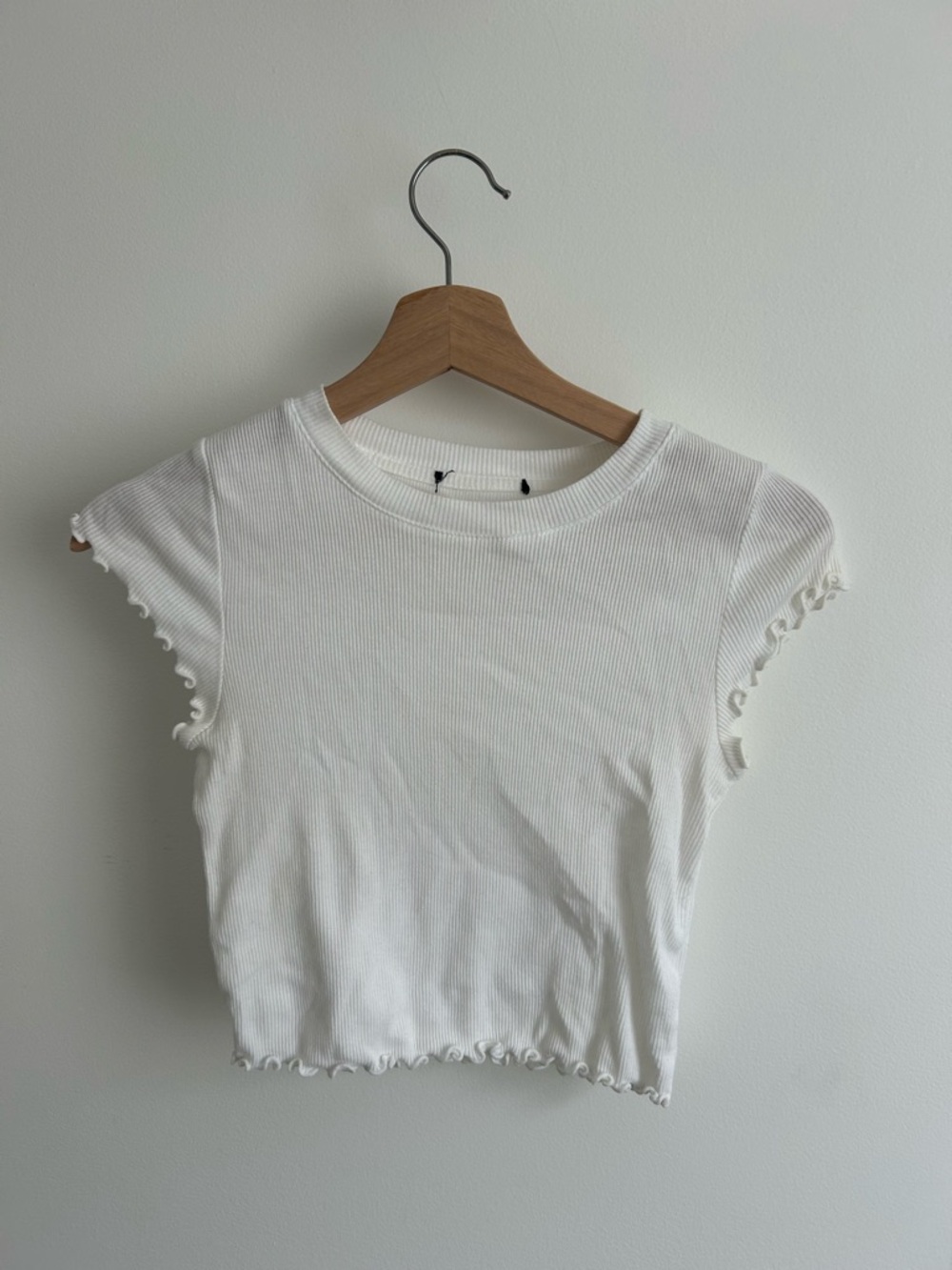 White Ribbed Lettuce-Edge Crop Top